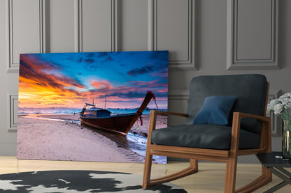 Longtail Boat Beach Sunset Glass Wall Art