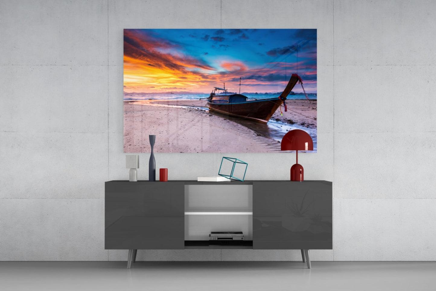 Longtail Boat Beach Sunset Glass Wall Art