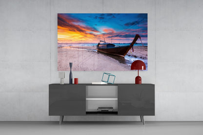 Longtail Boat Beach Sunset Glass Wall Art