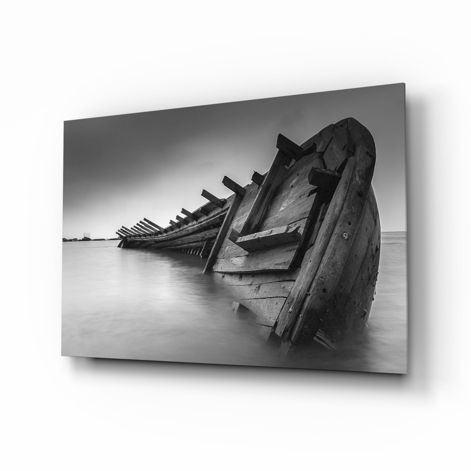 Black and white shipwreck ribs glass wall art
