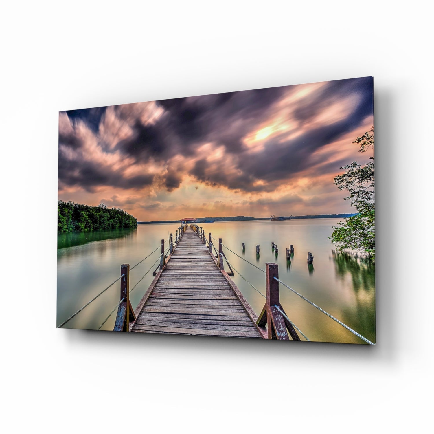 Lake pier landscape glass wall art