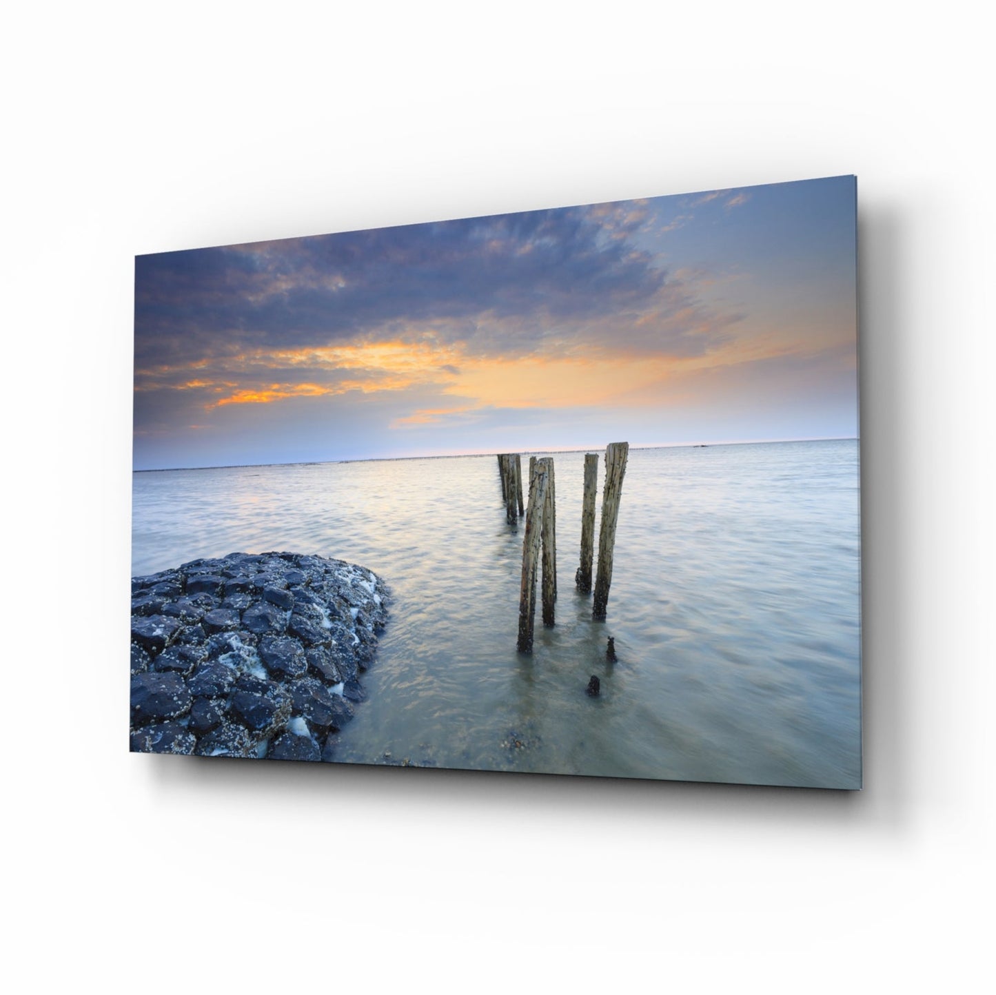 Old pilings pastel sunset glass wall art