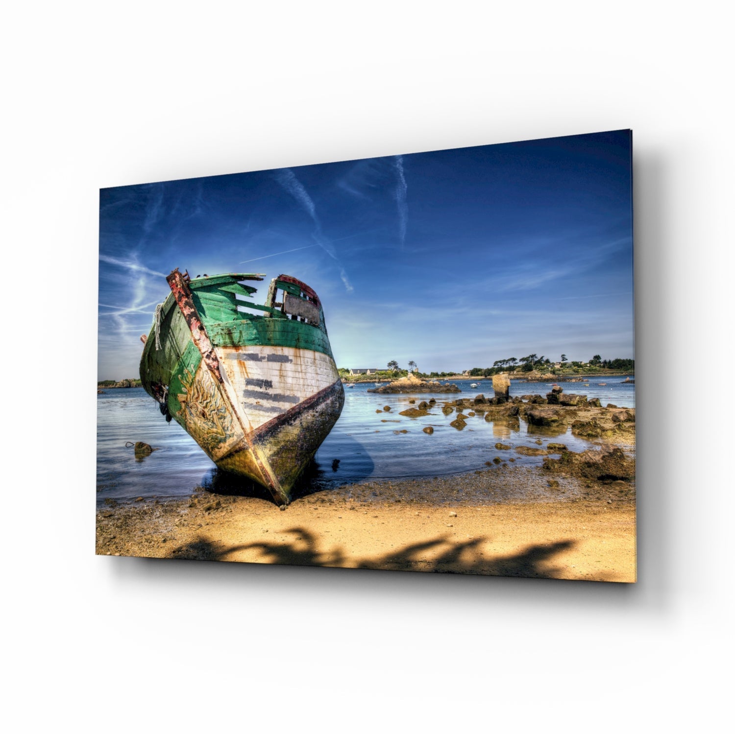 Abandoned green boat blue sky glass wall art