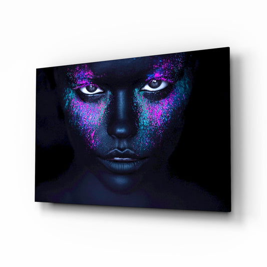 Cosmic makeup portrait glass wall art in magenta and teal