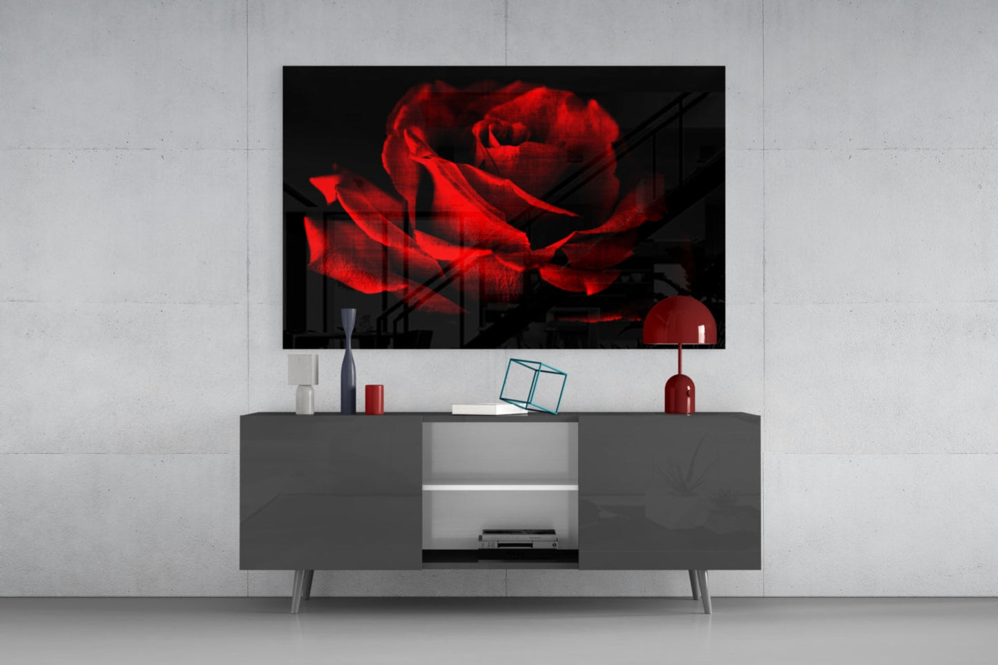 Glowing Red Rose Close-Up Glass Wall Art