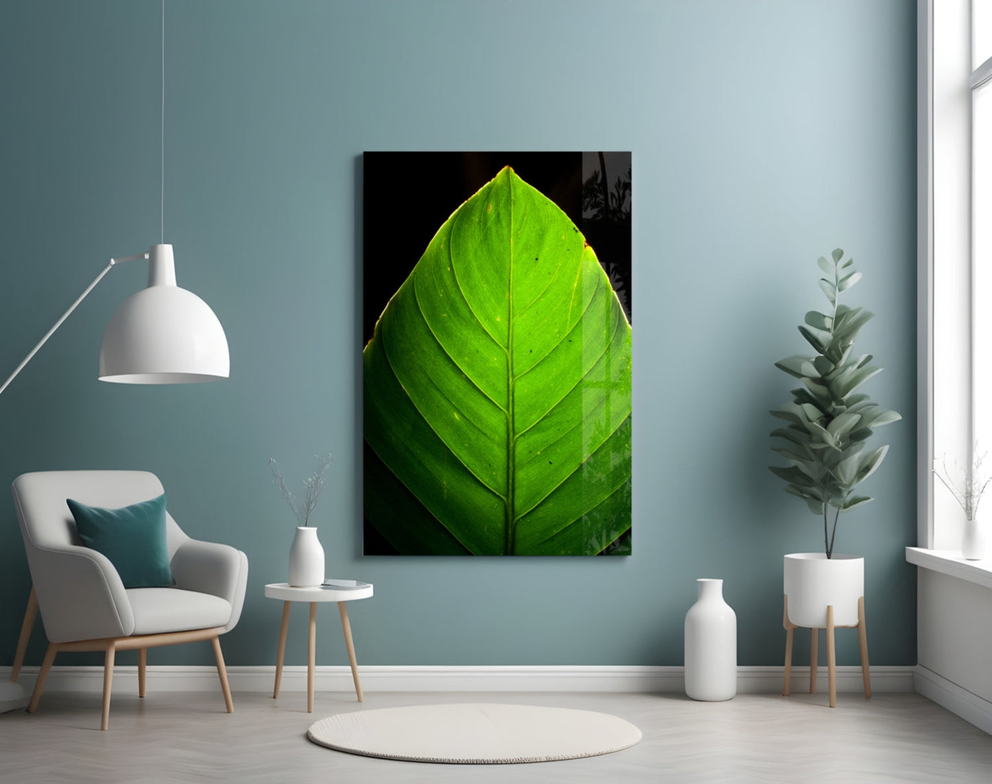 Green Leaf on Black Glass Wall Art
