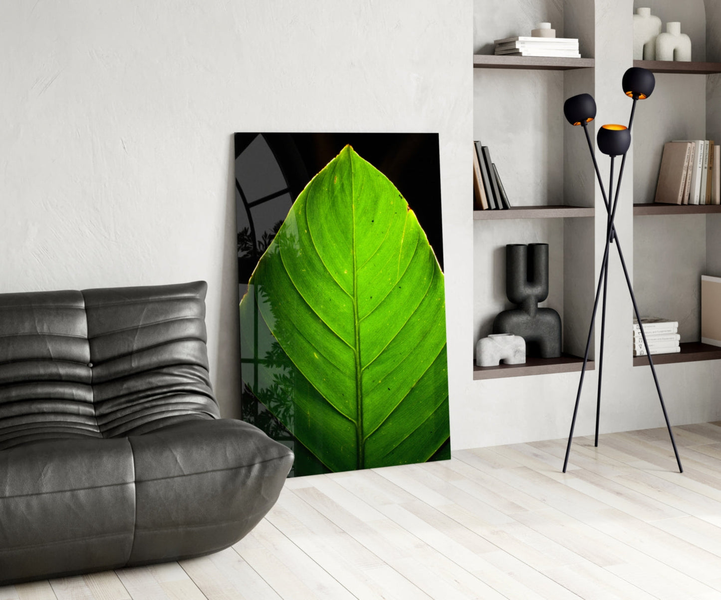 Green Leaf on Black Glass Wall Art