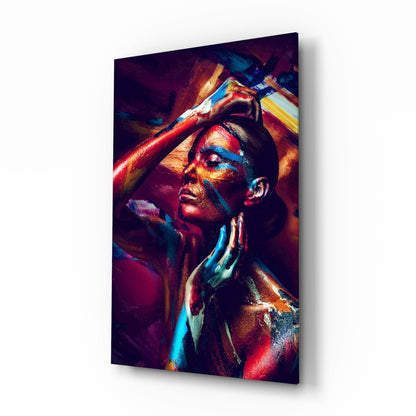 Body paint portrait glass wall art with cobalt and gold brushstrokes