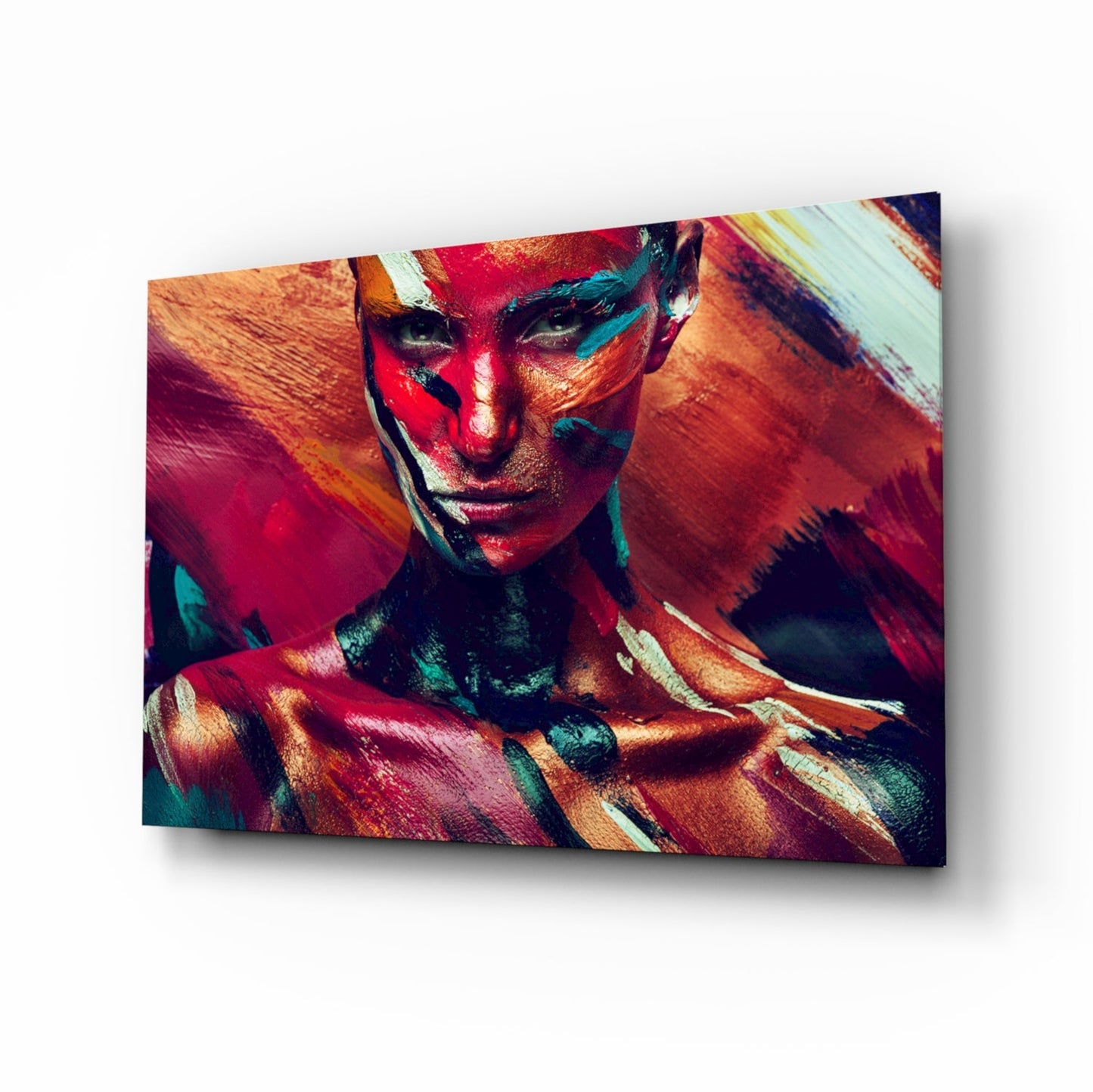 Painted gaze portrait glass wall art with crimson and teal brushstrokes