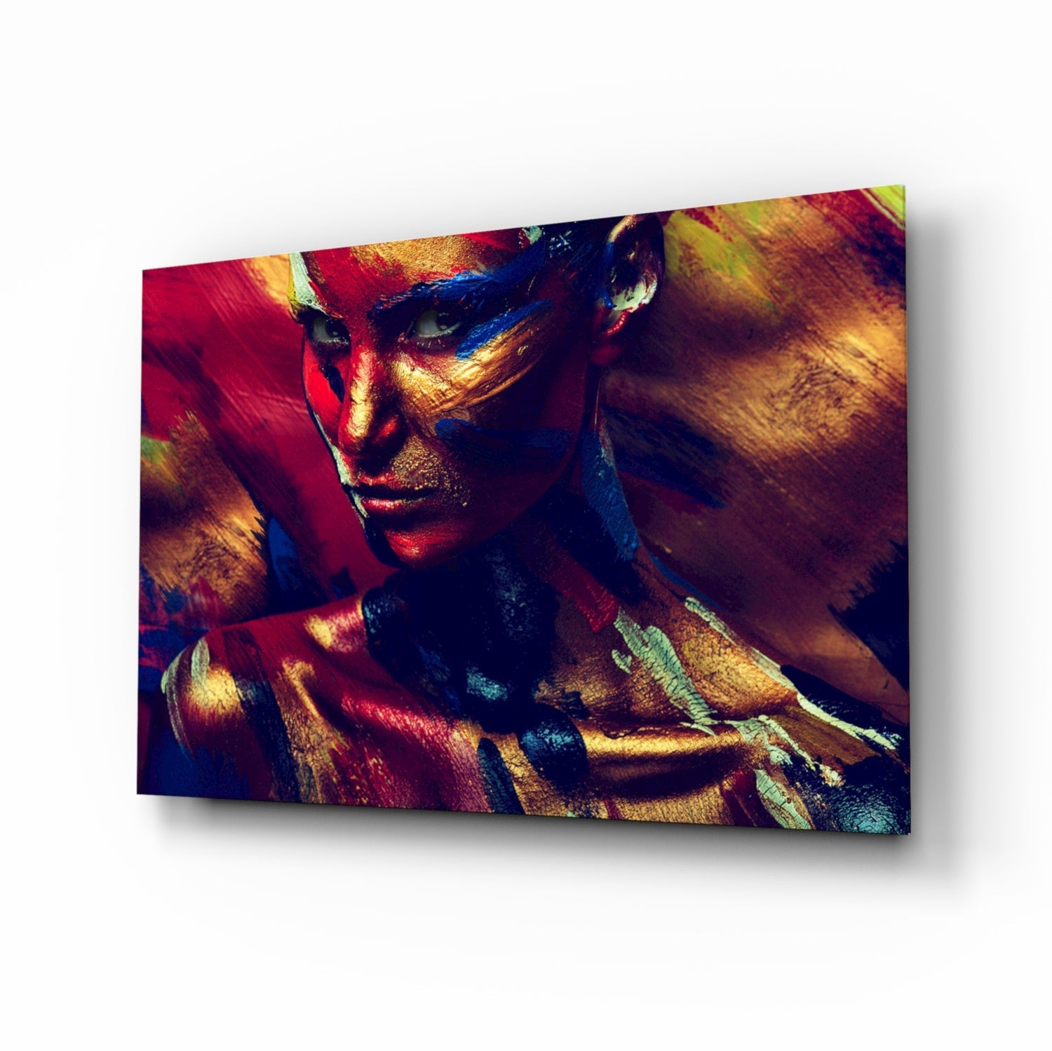 Copper fire portrait glass wall art with crimson and copper brushstrokes
