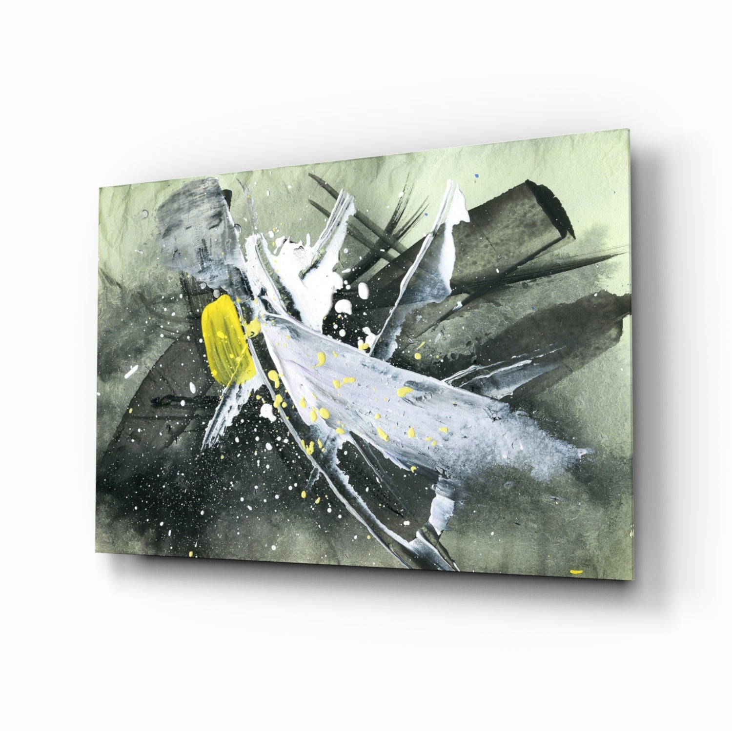 Gestural Slash Abstract Glass Wall Art in charcoal and yellow tones