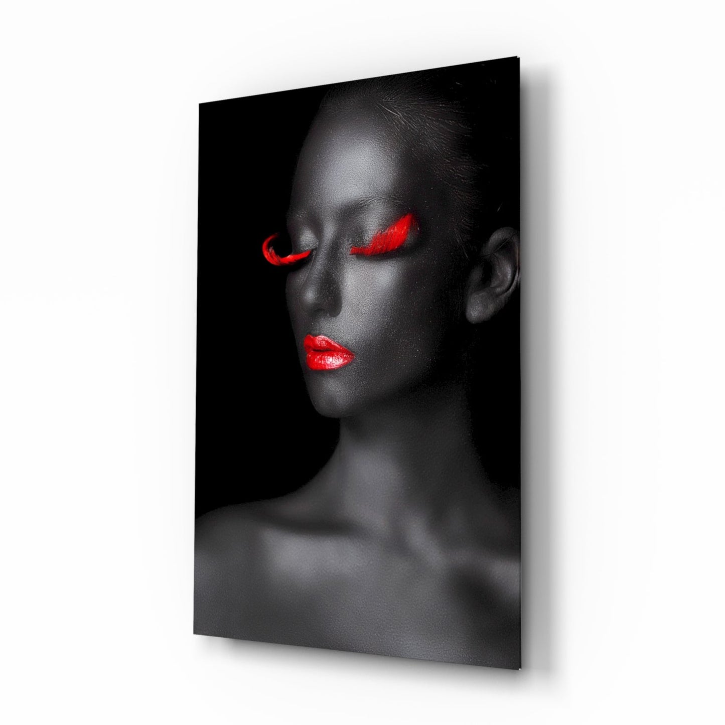 Crimson lip woman portrait glass wall art