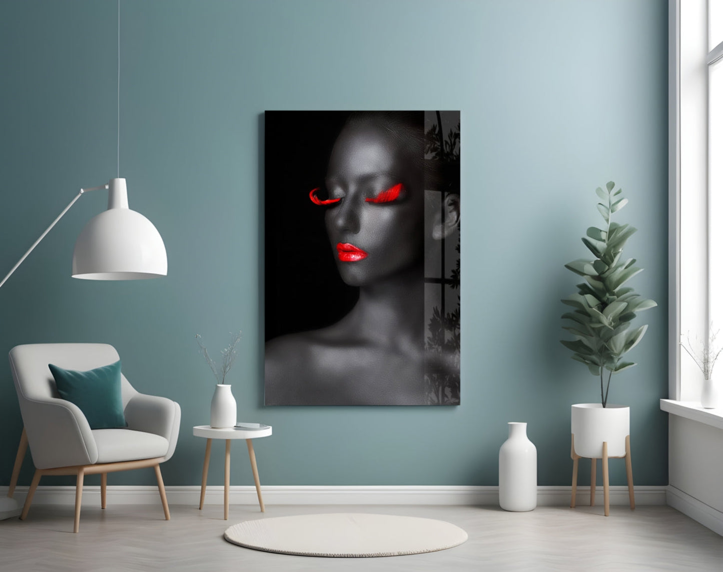 Crimson Lip Woman Portrait Glass Wall Art