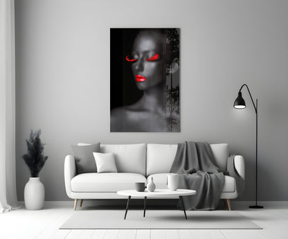 Crimson Lip Woman Portrait Glass Wall Art