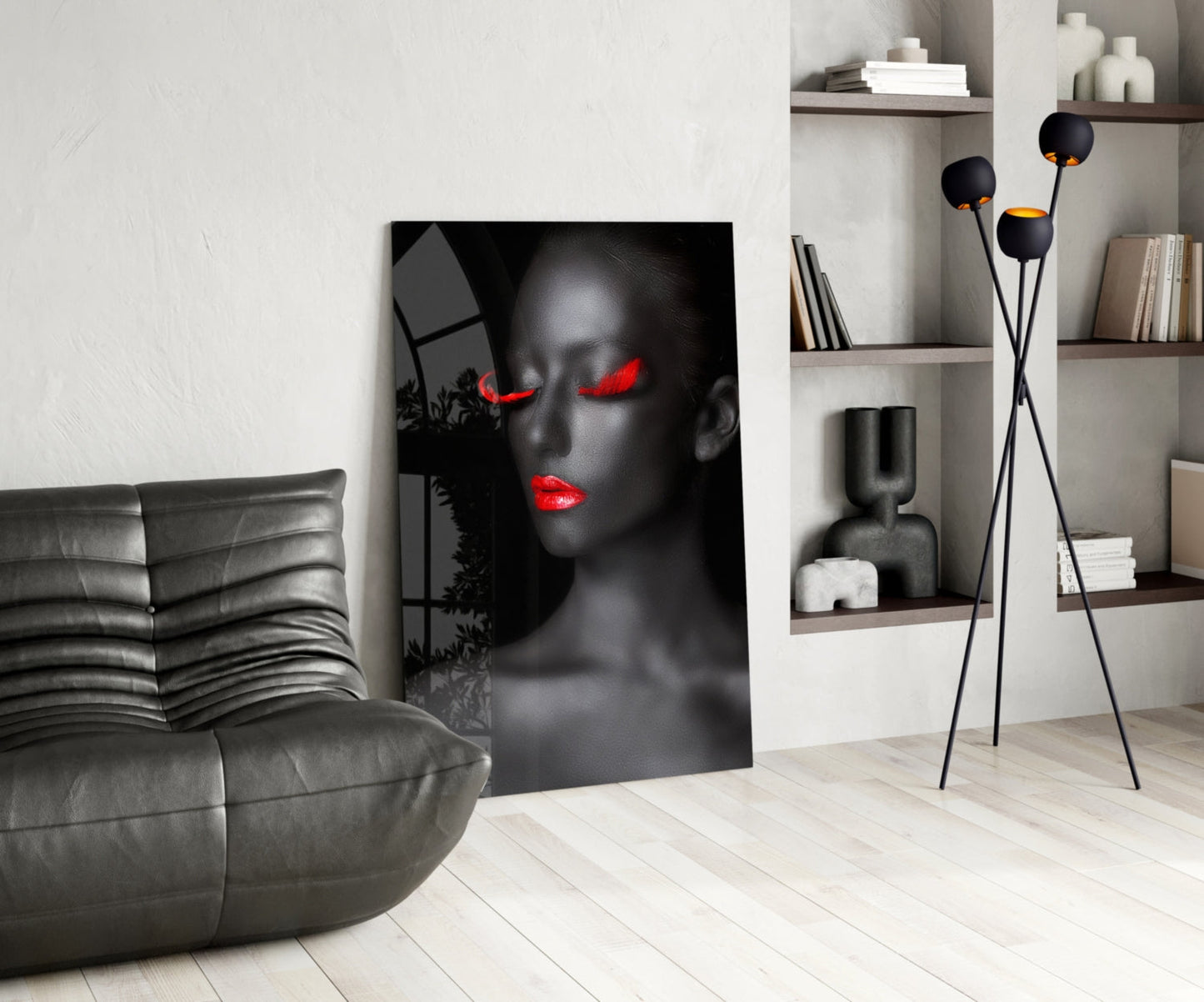 Crimson Lip Woman Portrait Glass Wall Art