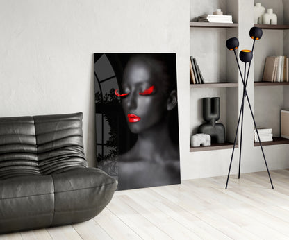 Crimson Lip Woman Portrait Glass Wall Art
