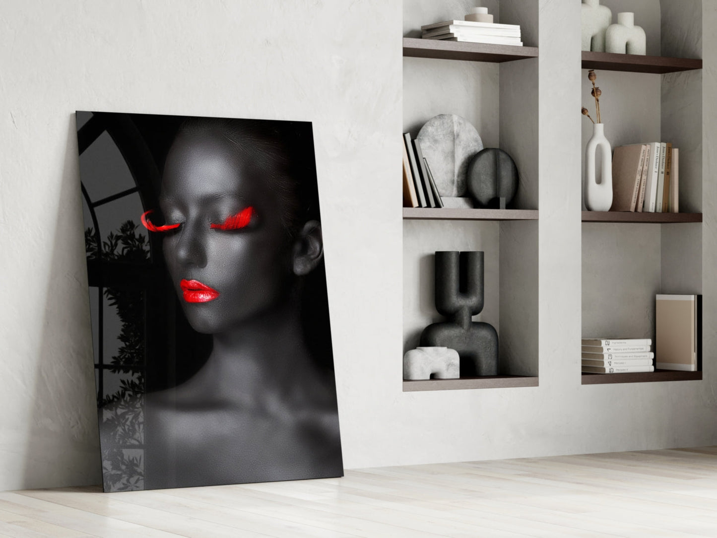 Crimson Lip Woman Portrait Glass Wall Art