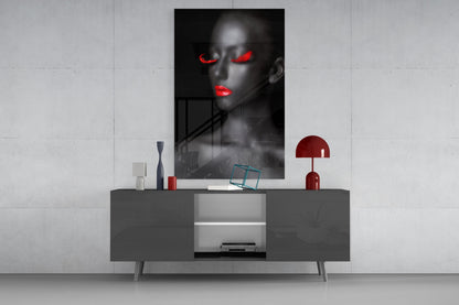 Crimson Lip Woman Portrait Glass Wall Art