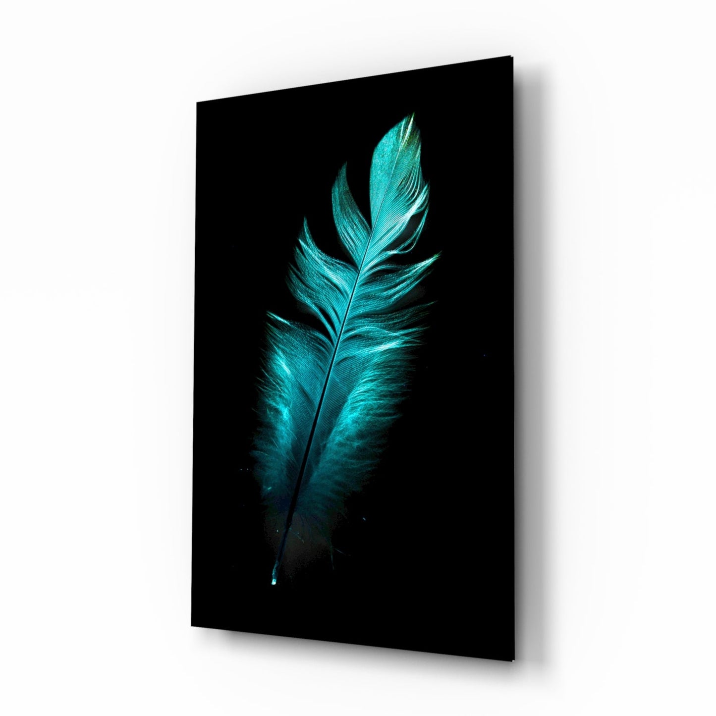 Teal feather glass wall art minimalist still life