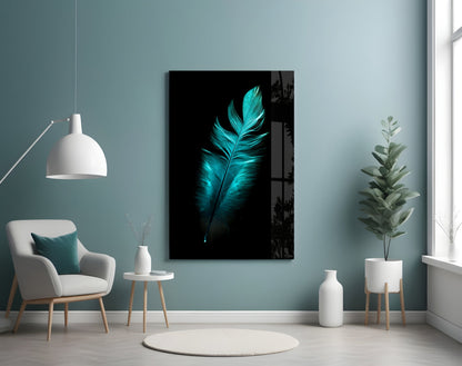 Teal Feather Glass Wall Art