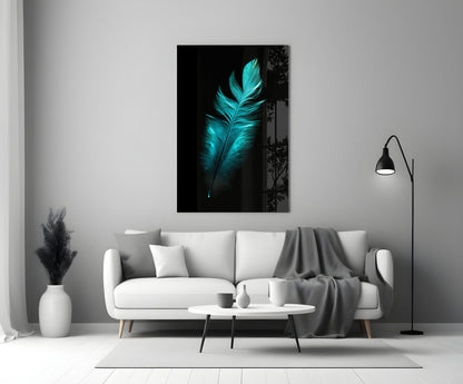 Teal Feather Glass Wall Art