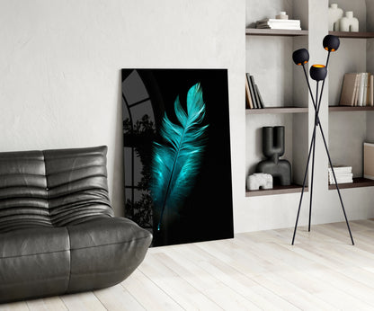 Teal Feather Glass Wall Art