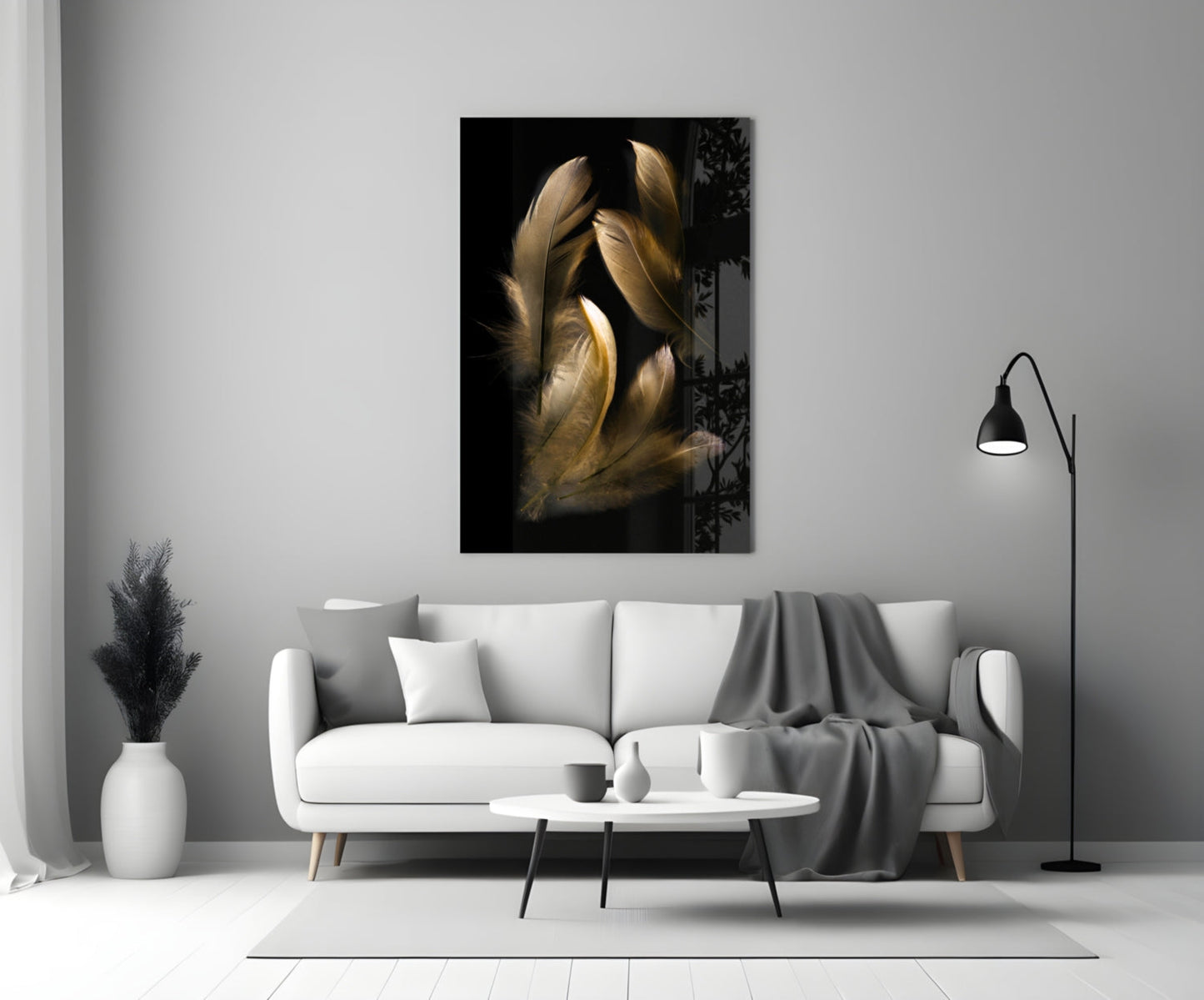 Tan Feather Glass Wall Art