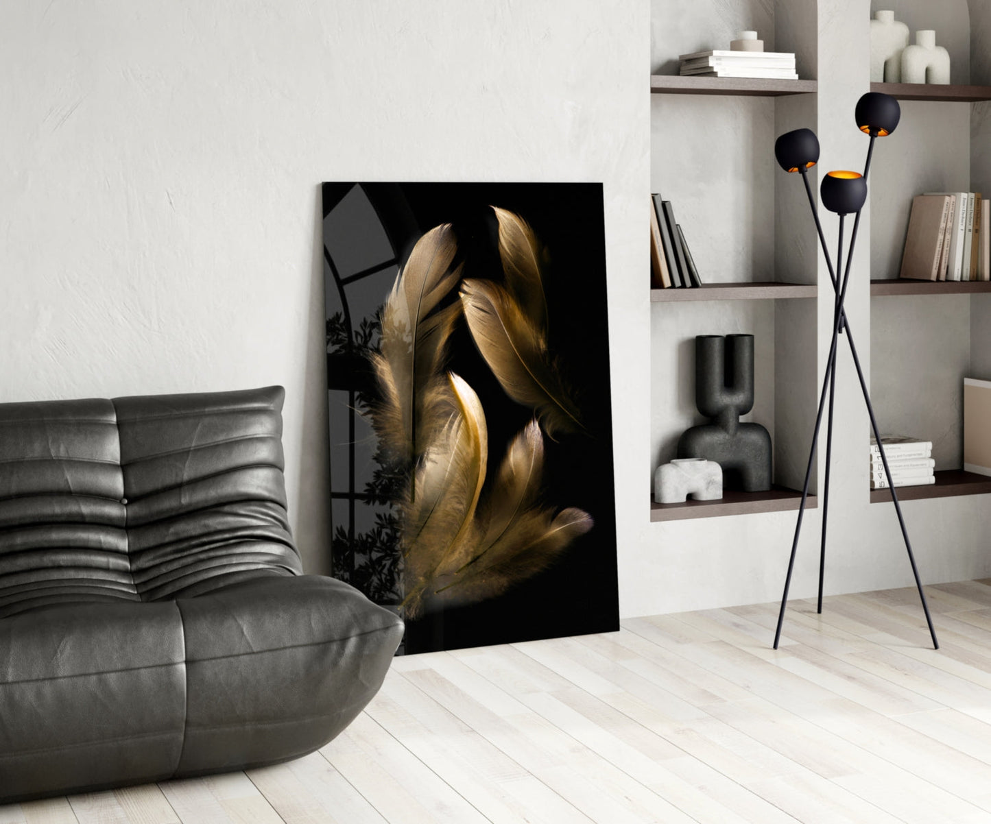 Tan Feather Glass Wall Art