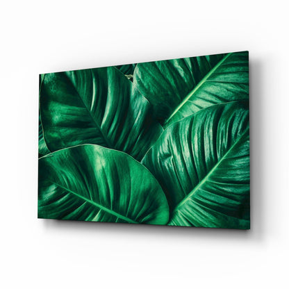 Green tropical leaf glass wall art emerald