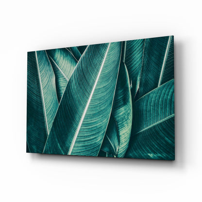 Green tropical leaf glass wall art teal emerald