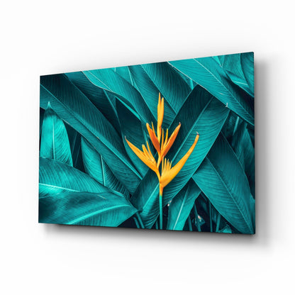Orange heliconia tropical leaf glass wall art