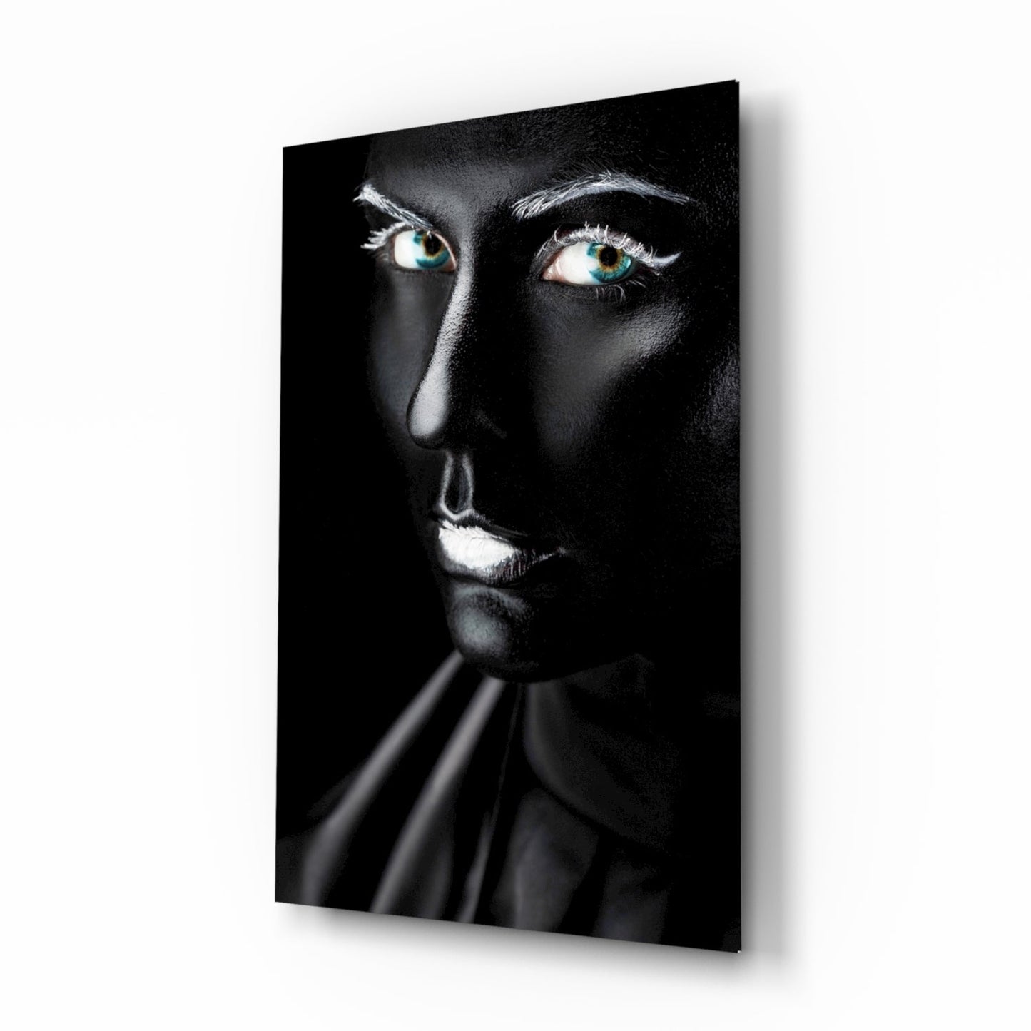 Turquoise eyes portrait glass wall art with matte black face