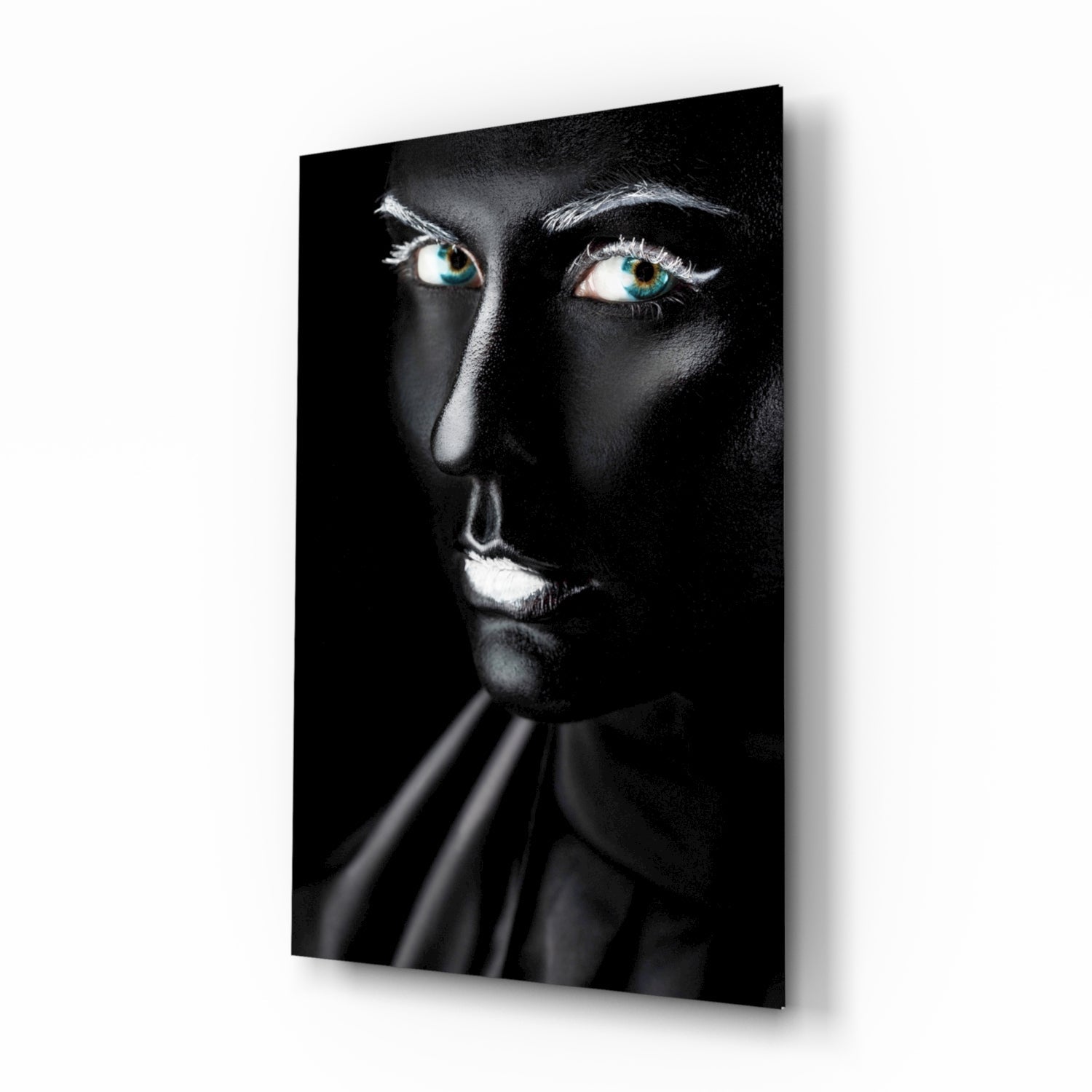 Turquoise eyes portrait glass wall art with matte black face