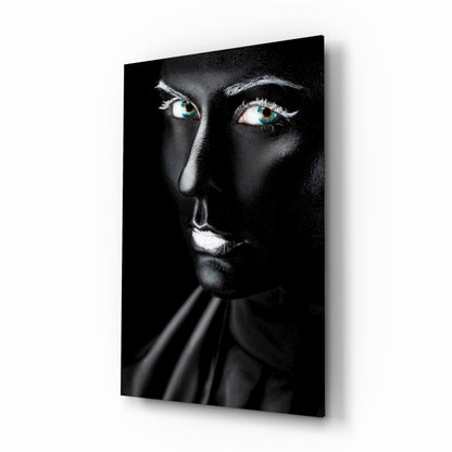 Turquoise eyes portrait glass wall art with matte black face