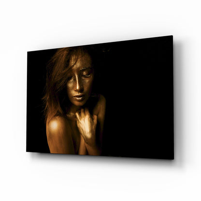 Golden Hour Woman Glass Wall Art - copper and gold portrait