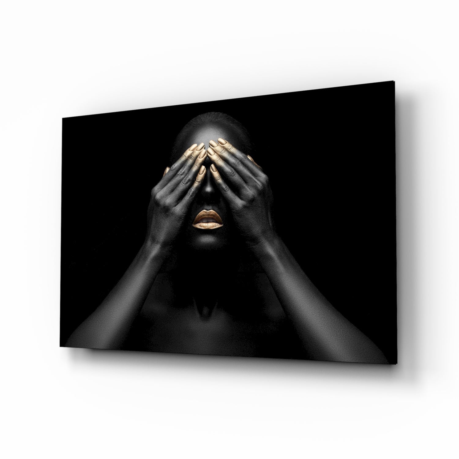 Golden Veil Woman Glass Wall Art - gold and black portrait