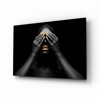 Golden Veil Woman Glass Wall Art - gold and black portrait