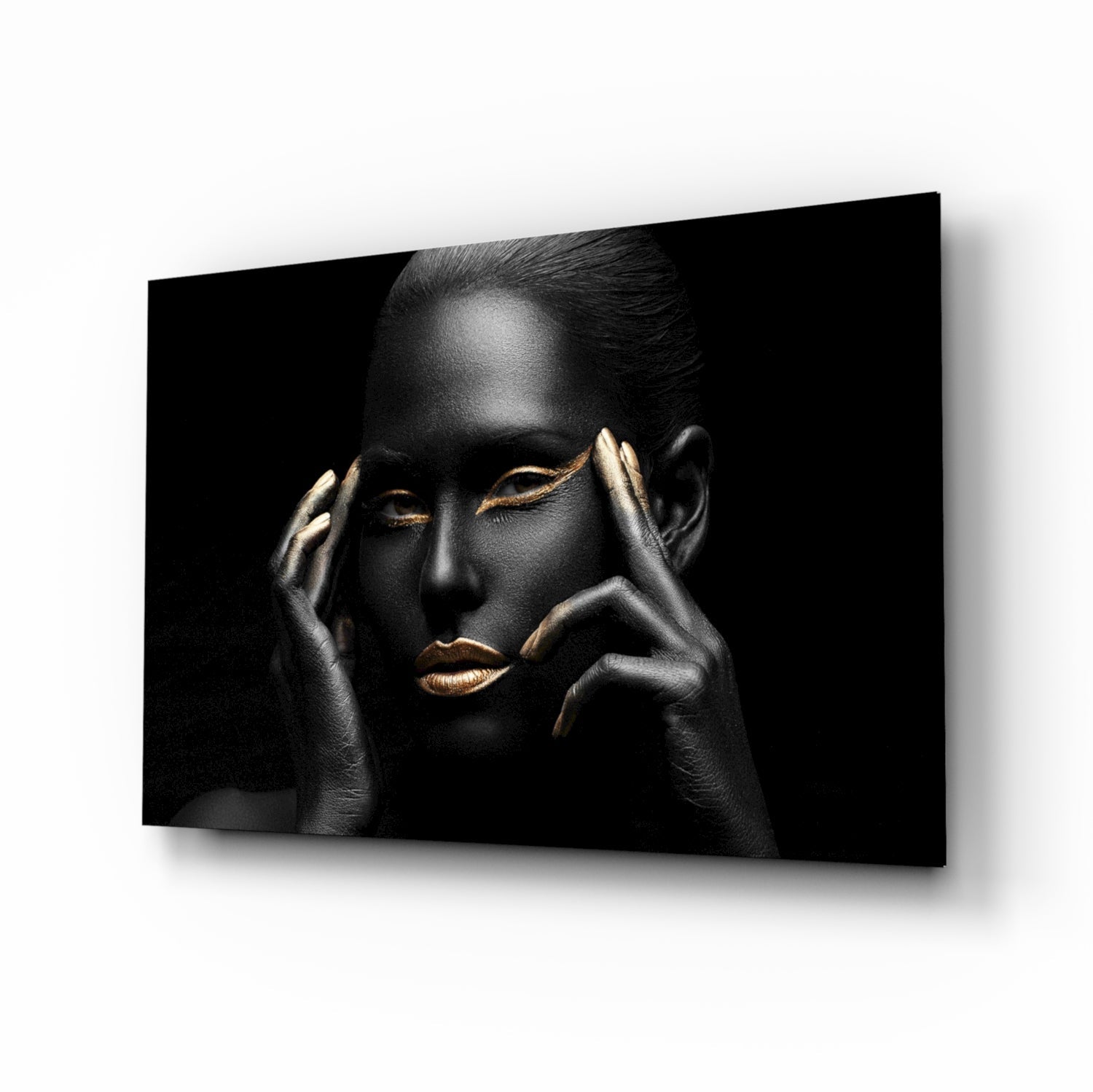 Woman in Gold glass wall art, black and gold portrait