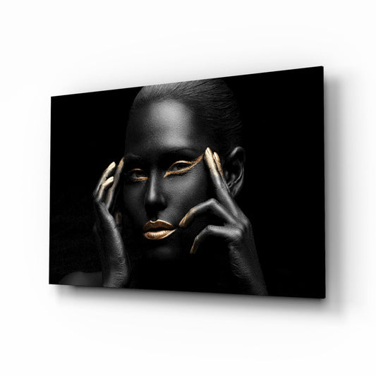 Woman in Gold glass wall art, black and gold portrait