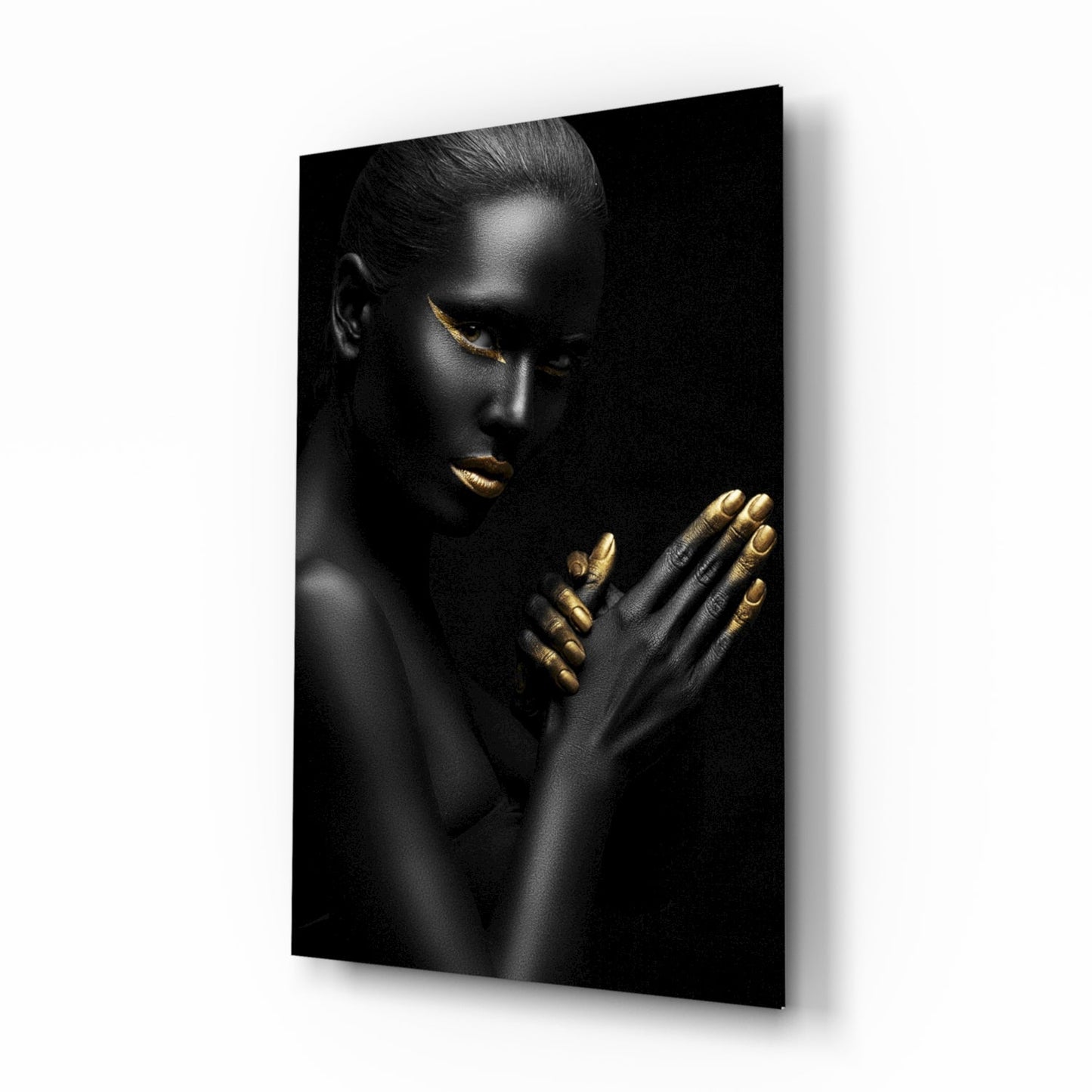 Golden Touch Woman Glass Wall Art - gold and black editorial portrait