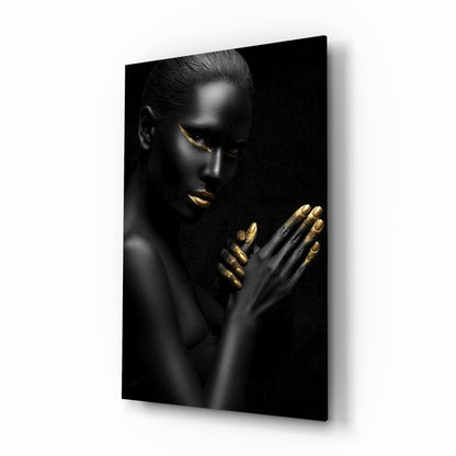 Golden Touch Woman Glass Wall Art - gold and black editorial portrait