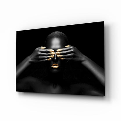 Golden Silence Woman Glass Wall Art - gold and black portrait