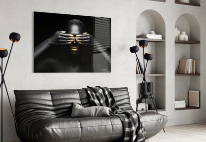 Golden Silence Woman Glass Wall Art