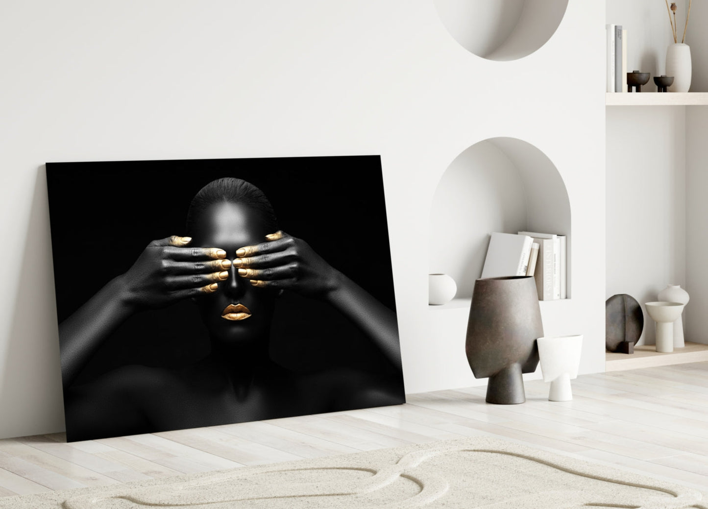 Golden Silence Woman Glass Wall Art