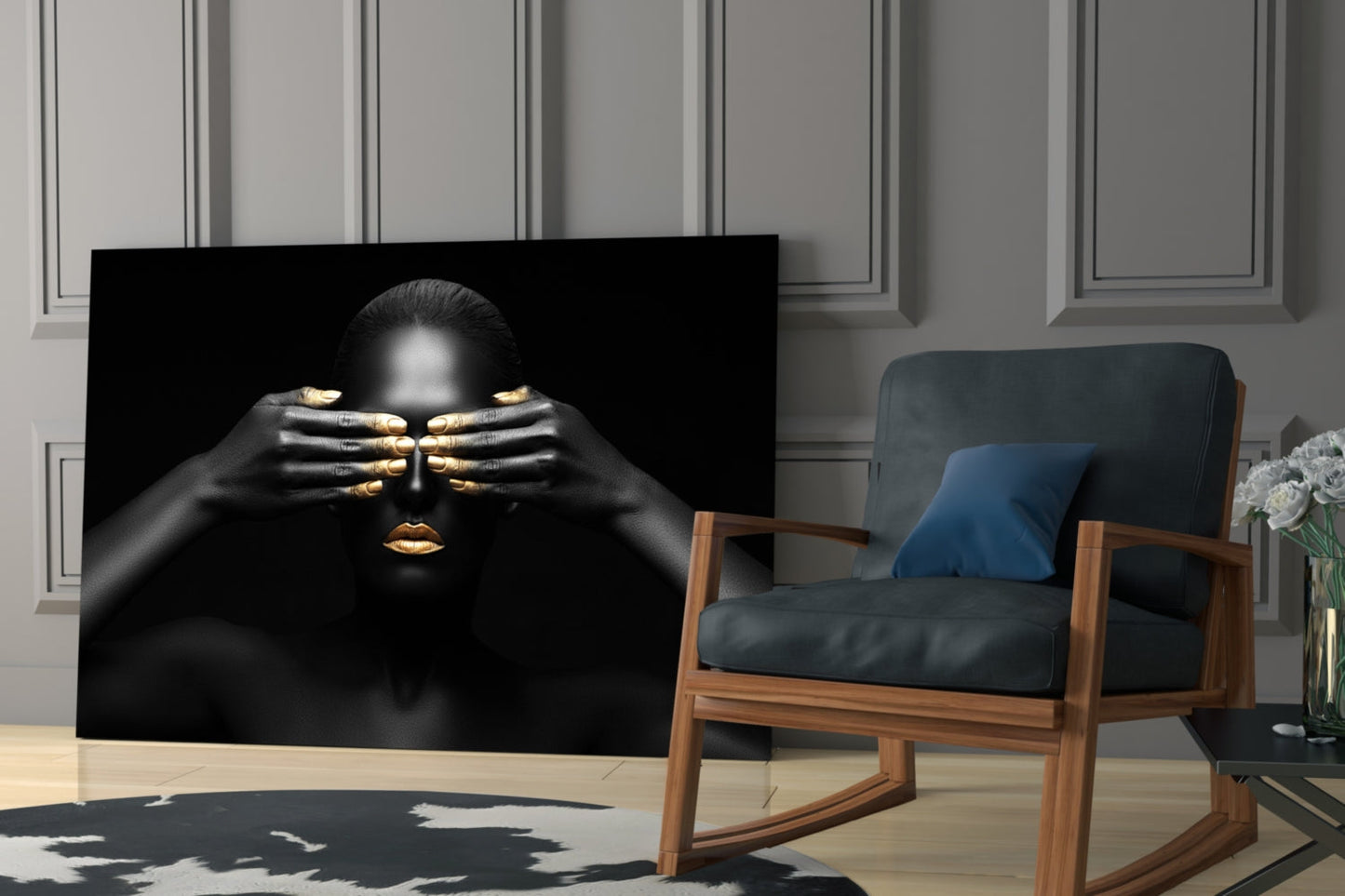 Golden Silence Woman Glass Wall Art