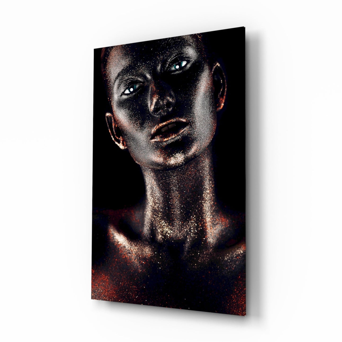 Woman in Copper glass wall art, editorial beauty portrait