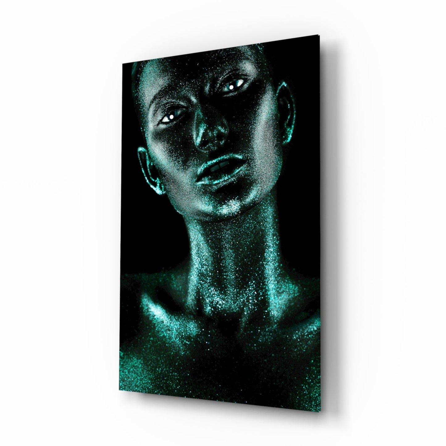 Woman in Teal glass wall art, editorial beauty portrait
