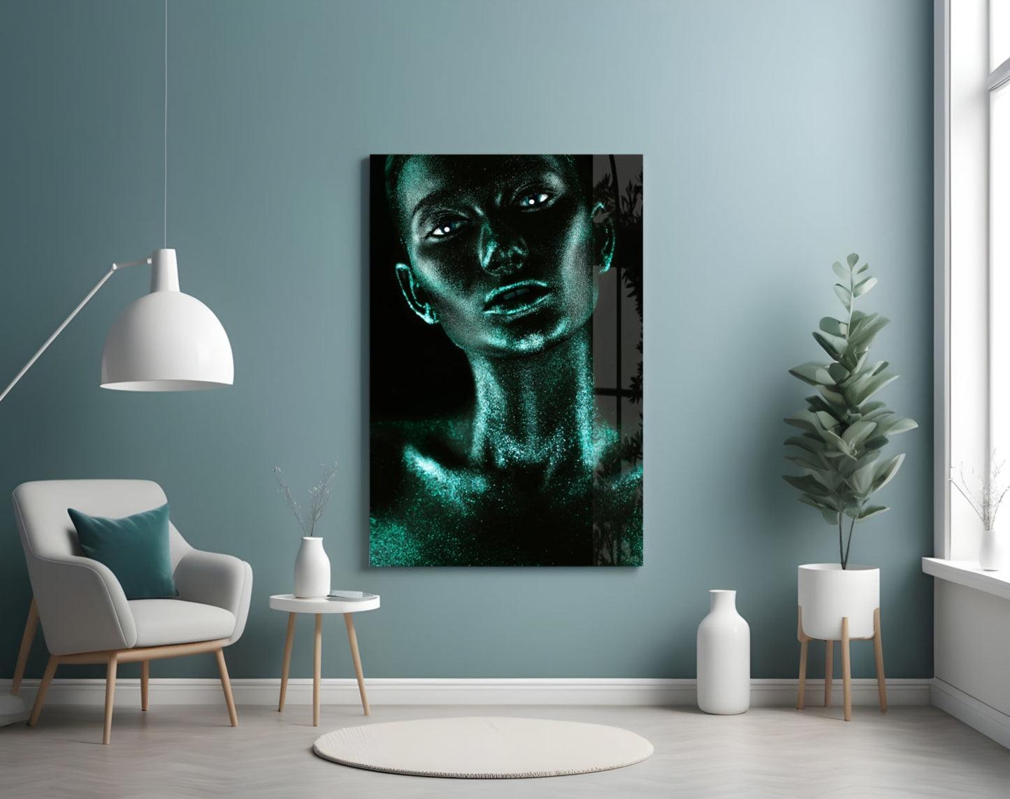 Woman In Teal Glass Wall Art