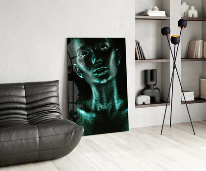 Woman In Teal Glass Wall Art