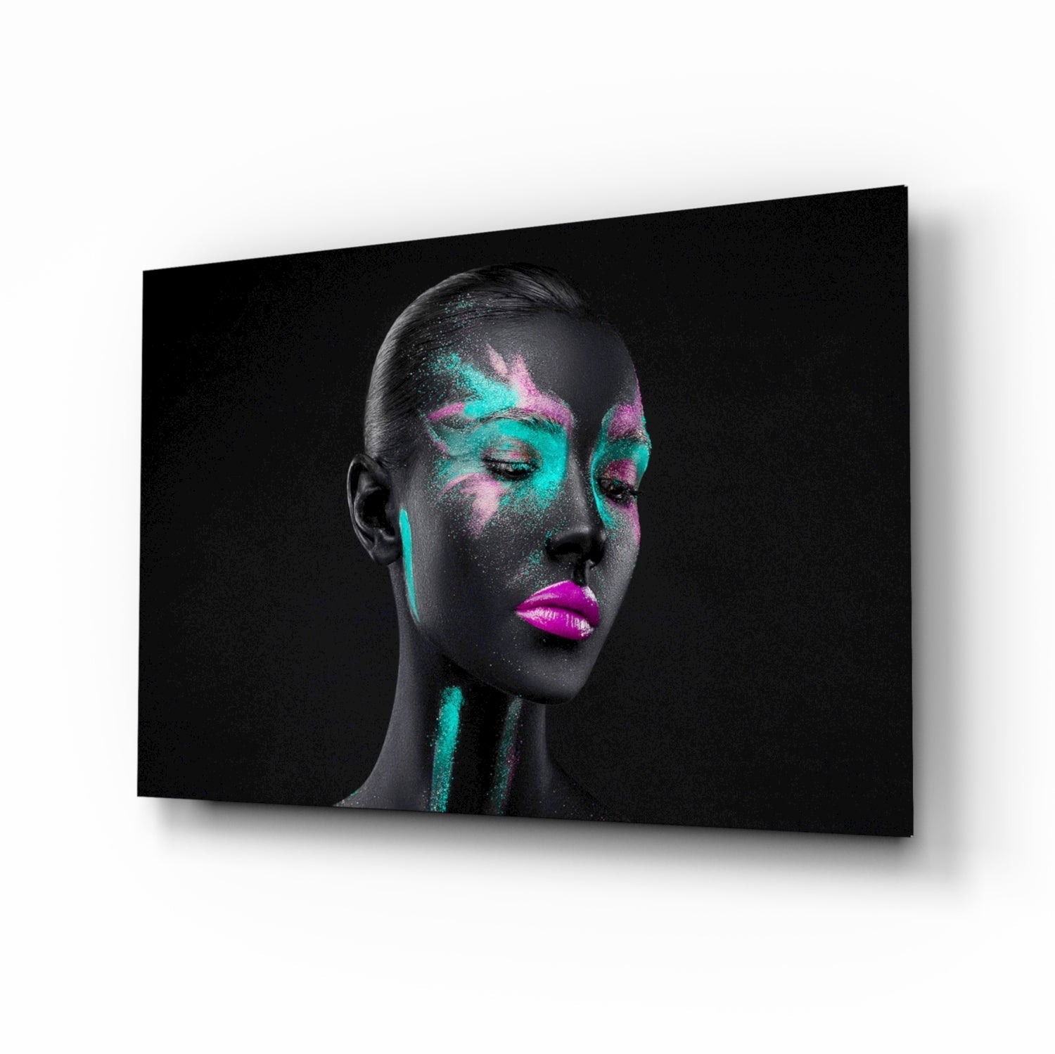 Dual Pigment Woman Glass Wall Art - turquoise and magenta portrait